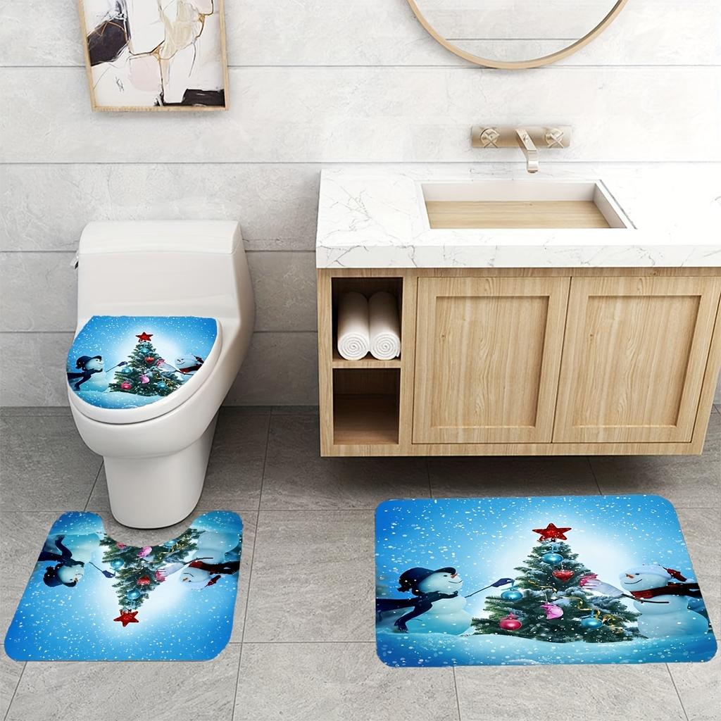 4Pcs Merry Christmas Shower Curtain Sets for Bathroom Non-Slip Bathroom Rugs Lid Toilet Cover Bath Mat Bathroom Set