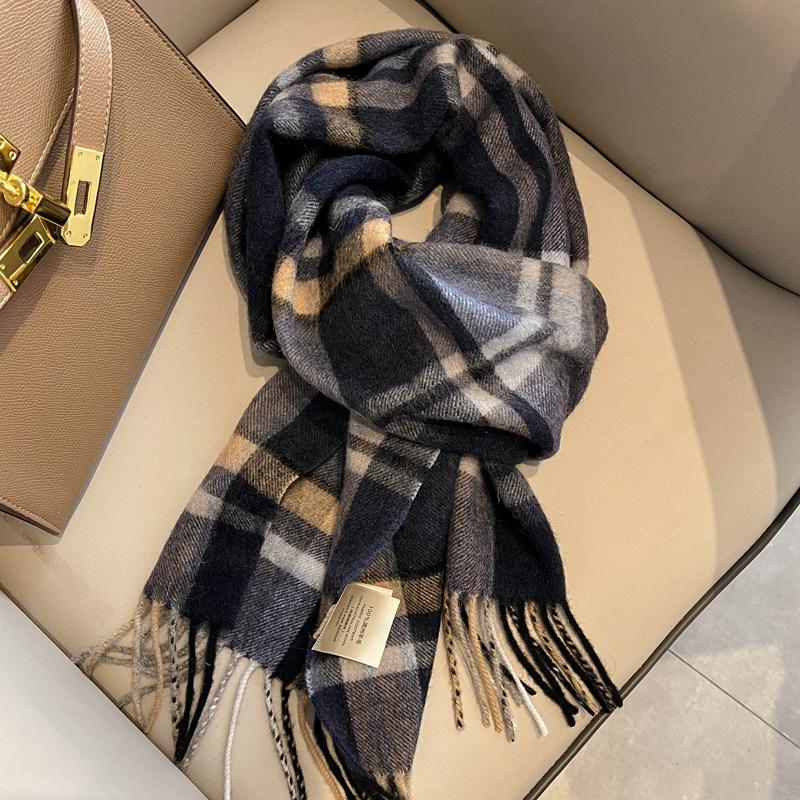 Camel brown 100 pure wool plaid scarf khaki women's winter thickened warm fringed shawl scarf