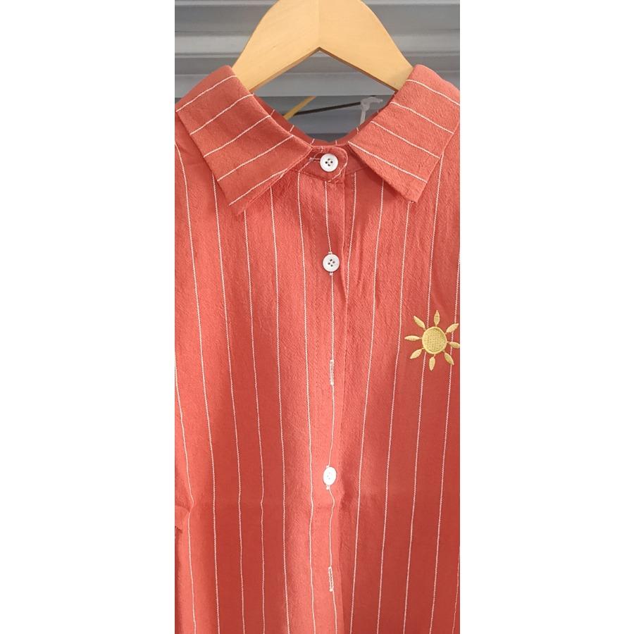 Orange&red Casual Cotton Long Sleeve Shirt Women Lapel Button Up Embroidery Sun Striped Shirts