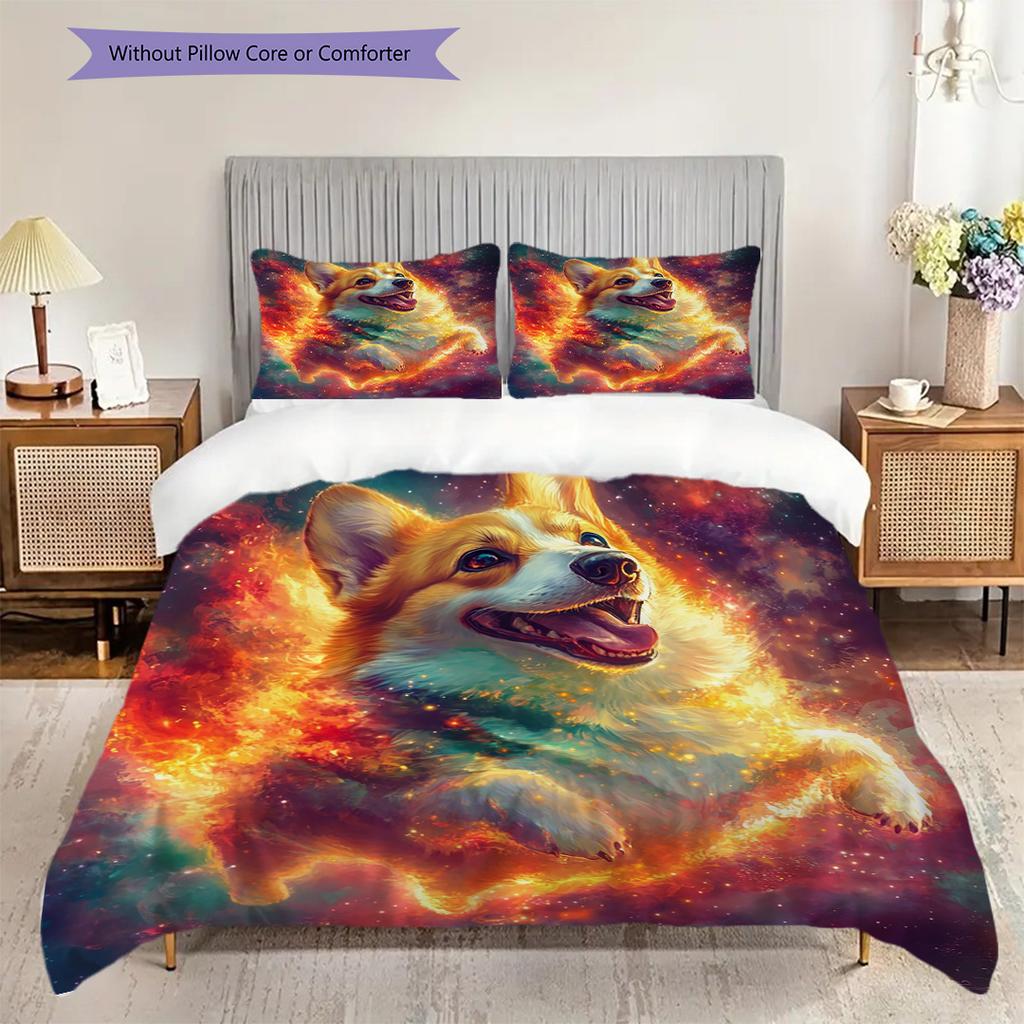 Corgi Pattern Bedding Quilt Set Quilt Cover Pillowcase Home Decoration Birthday Gift (1 * duvet cover + 2 * pillowcase, without core)