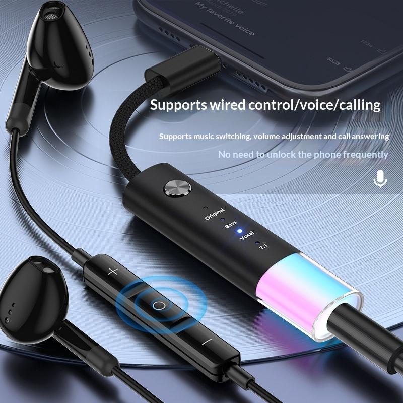 MH657B Type-C to 3.5mm Audio Adapter 4 Sound Modes In-line Control HiFi Sound Converter with RGB Light