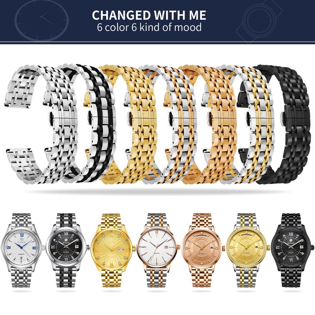 Stainless Steel Watch Premium Replacement Watch 7 Colors for Women and Men Rose Silver Rose Silver 13 Sizes [BINLUN] Band, Strap, (Gold, Silver,