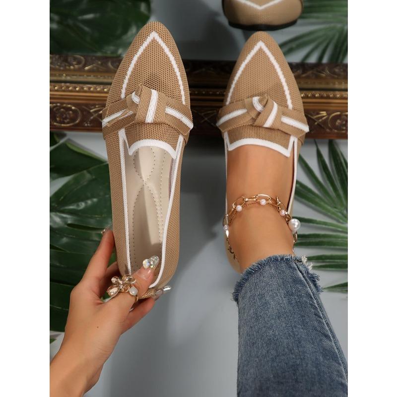 Women's Pointed Toe Flying Woven Loafers, Bow Decor Slim Fit Flat Shoes, Casual Slip On Daily Ladies Single Shoes