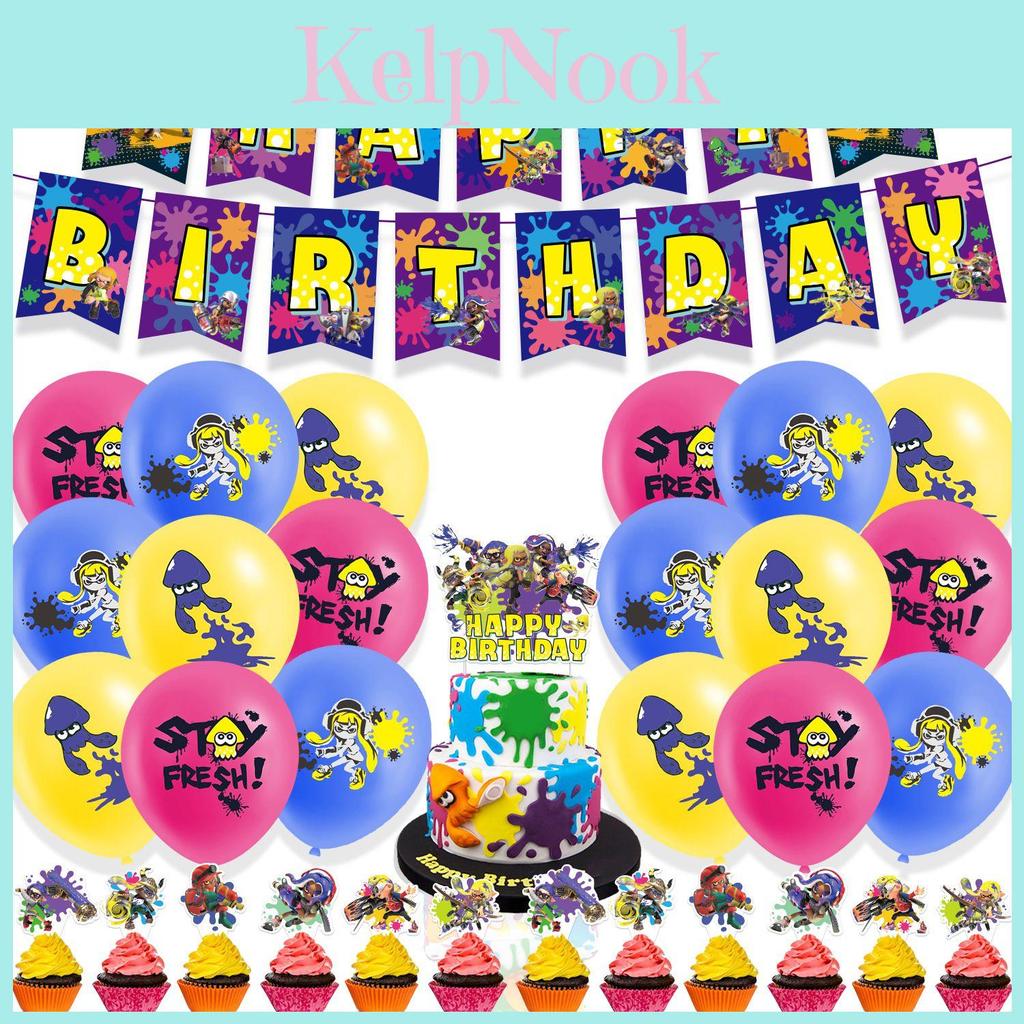 Complete Splatoon3 Party Decorations Pack With Banner Balloons And Cake Toppers For Kids