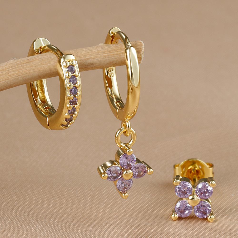 3PCS Fashion Gold Color Crystal Zirconia Drop Earrings Set for Women Stainless Steel Flower Dangle Earring Korean Jewelry aretes