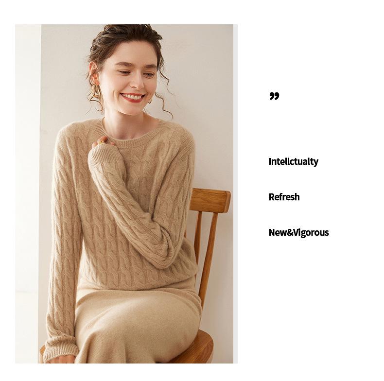 Women's Retro Cable Knit Cashmere Pullover - Soft, Skin-Friendly, Long-Sleeved, Round Neck Base Layer.