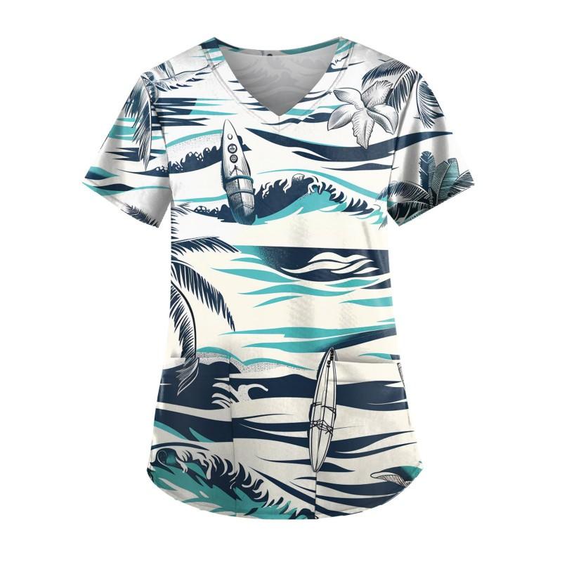 V-Neck Short Sleeve Nursing Scrub Top Women Fashionable Casual Workwear With 3D Print Design Slim Fit 2025 Collection