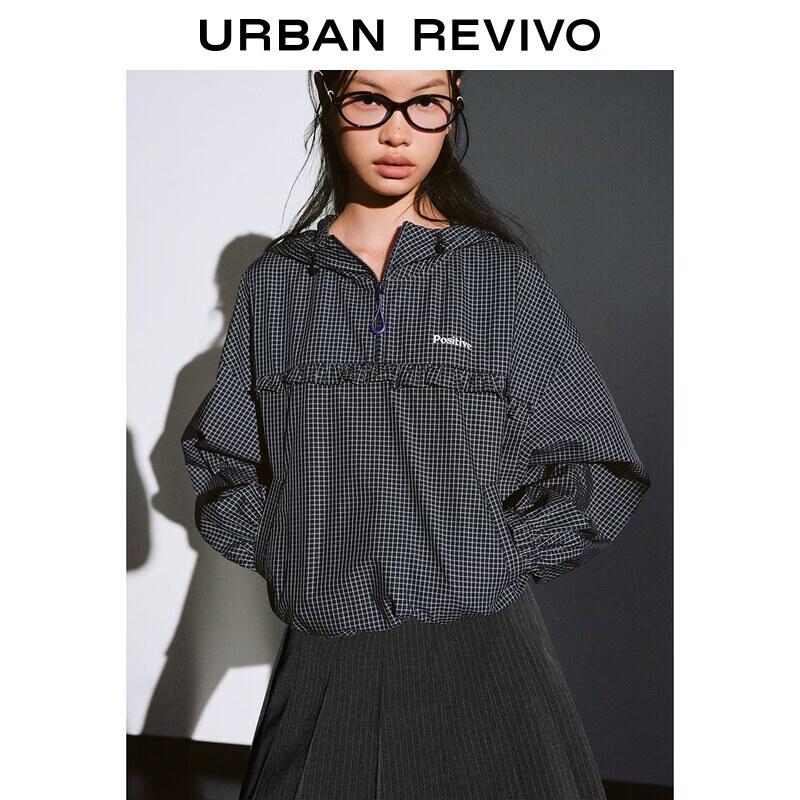 UR 2026 Spring Women's Urban Plaid Embroidered Hooded Blouse