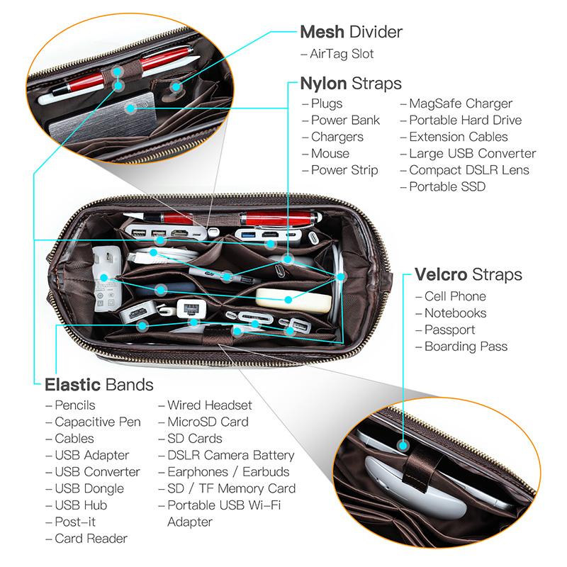 CONTACTS Genuine Leather Data Storage Bag Digital Accessories Storage Cable Phone Travel Cable Organizer