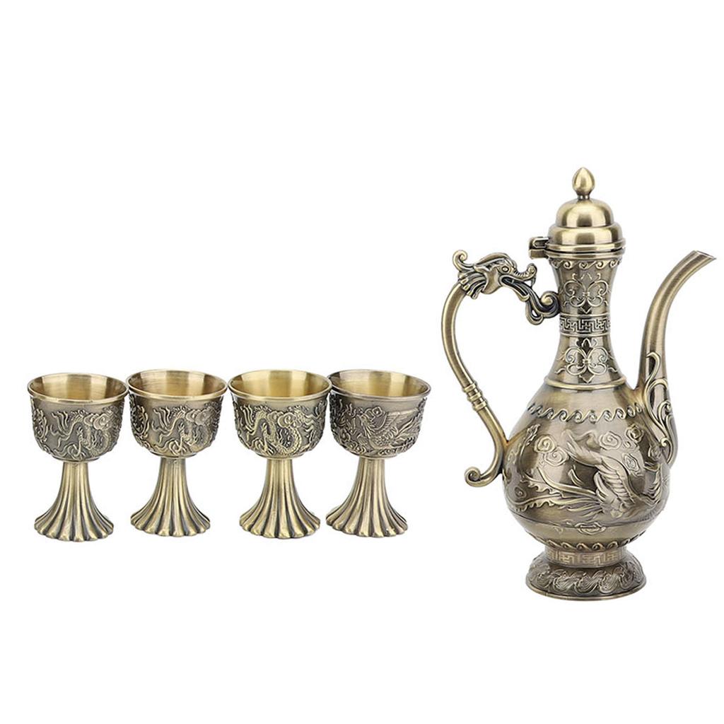 Turkish Tea Set Vintage Exquisite Luxurious Metal Teapot Tea Tray and 4 Cups Set for Home Bronze