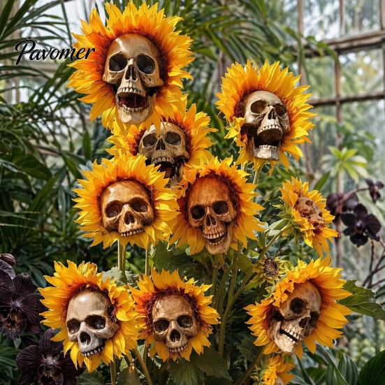 Halloween Lawn Decoration Sunflower Skull Ornament, Theme Garden Decor, Potted Outdoor Spooky Planter Plant Waterproof Decoration, for Patio