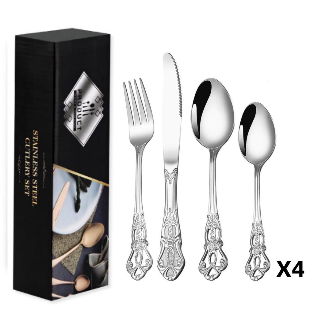 Royal Court 24-Piece Stainless Steel Cutlery Set - Embossed Hollow Steak Knives, Forks, and Spoons