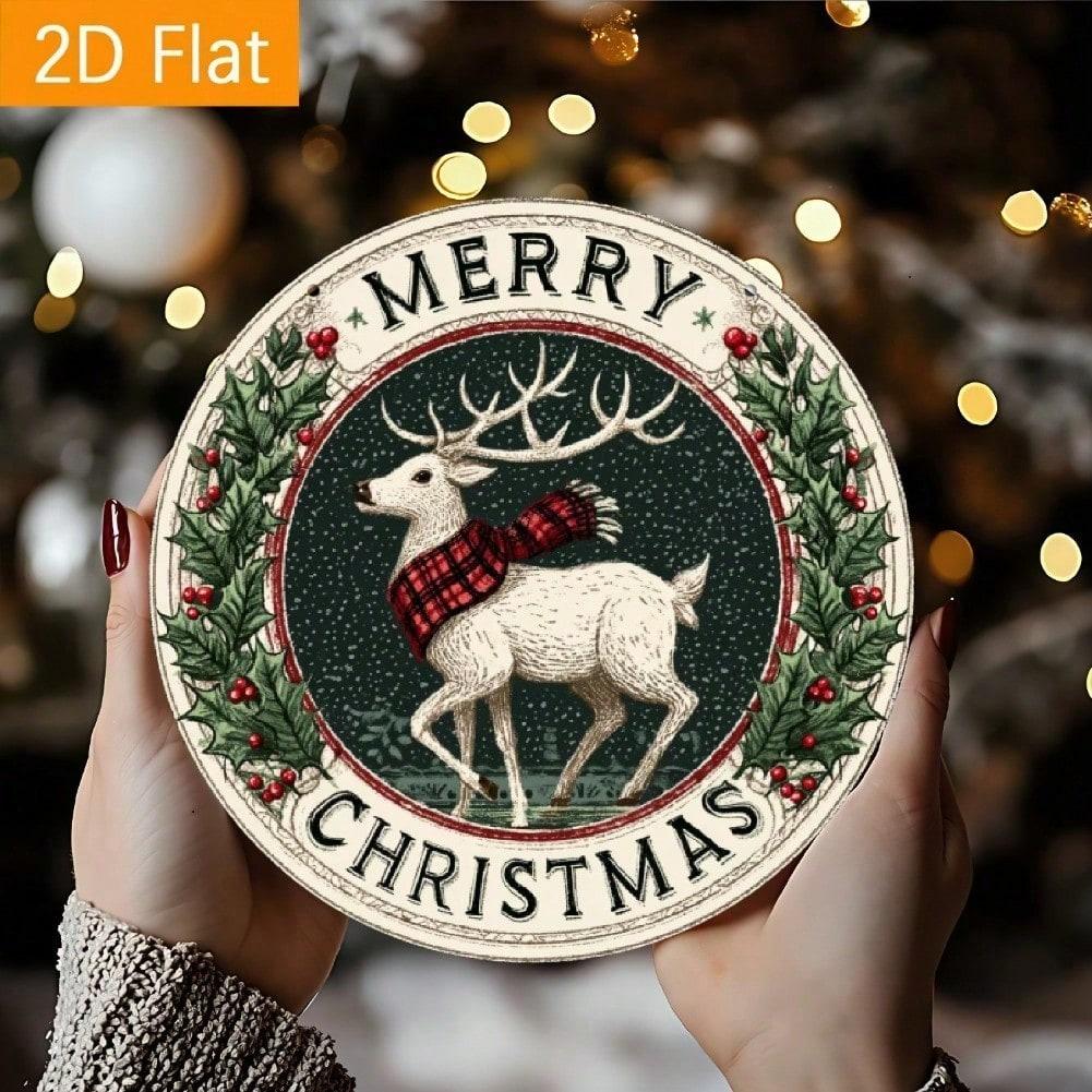 2D Flat Metal Christmas Wall Sign, 8x8 Inch Round Deer & Wreath Design, Dark Green & Gold Holiday Decor for Home, Cafe, Kitchen, Durable Tin