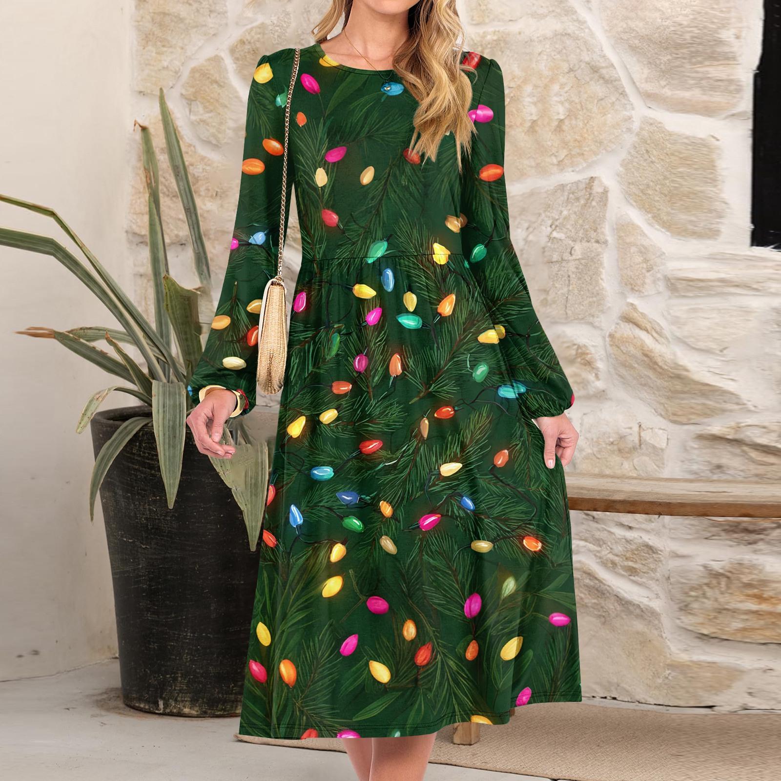 

Women s Christmas Printed Fashionable Loose Round-neck Dress L армия зеленый