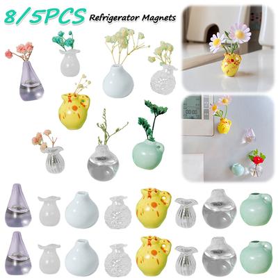 8/5PCS Cute Ceramic Vase Refrigerator Magnets 3D Fridge Magnets Refrigerator Stickers for Refrigerator Decoration Kitchen Office