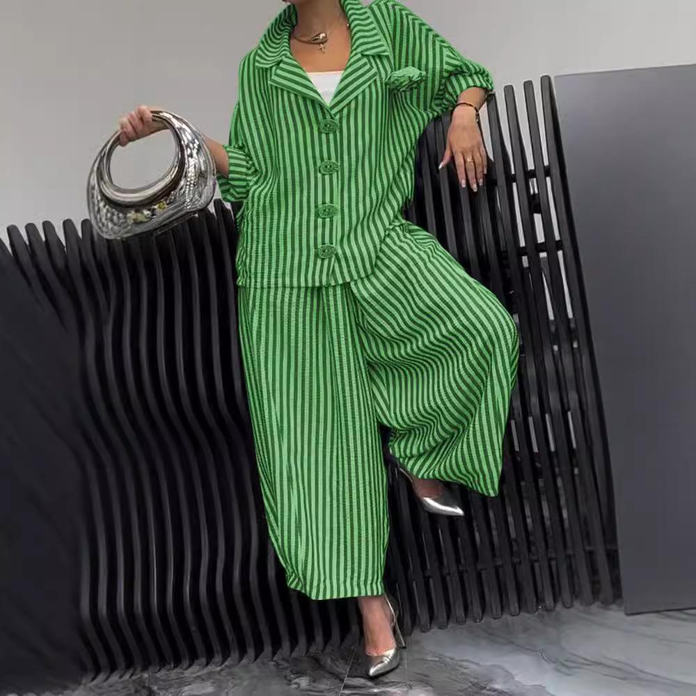 Spring Fall Women's 2 Piece Set Suit Office Lady Floral Striped Loose Blazer Casual Wide Leg Pants Suits for Women Clothing