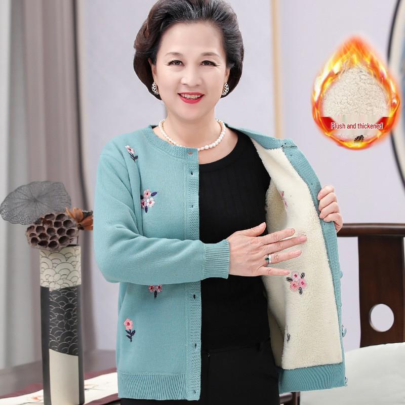 Women's Knitted Sweater Cardigan for Middle-Aged & Elderly - Velvet-Lined, Thickened for Winter