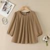 ZANZEA Women Elegant O Neck 3/4 Sleeve Pleated Tops Casual Solid Color Work Office Blouse
