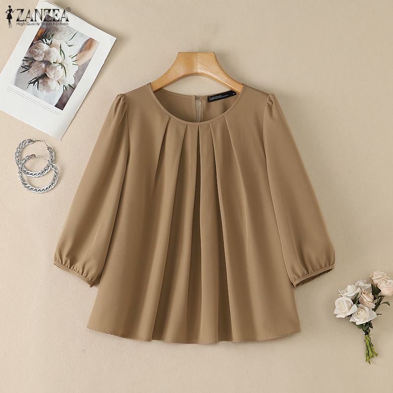 ZANZEA Women Elegant O Neck 3/4 Sleeve Pleated Tops Casual Solid Color Work Office Blouse