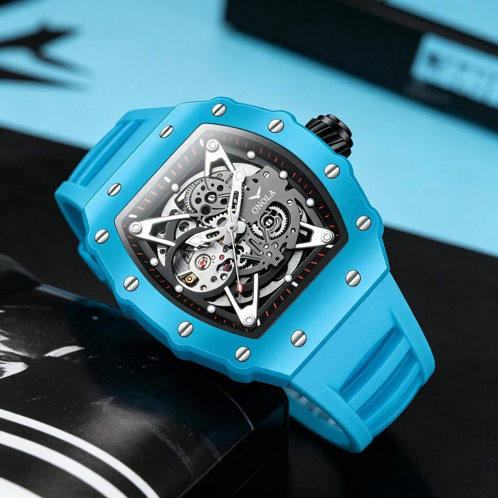 Automatic Skeleton Watch Mens Waterproof Luminous Tonneau Mechanical Wrist Watch Silicone Band