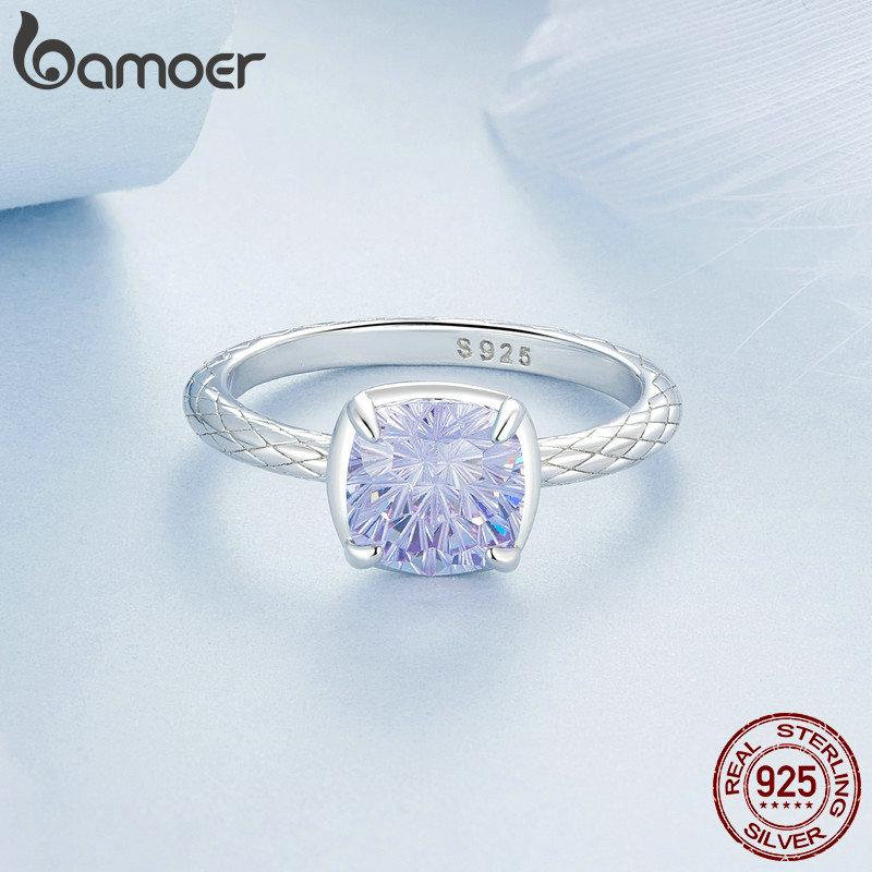 BAMOER 925 Sterling Silver Sparkling Square Gemstone Ring for Women White Gold Plated Pattern Ring Fine Jewelry Gift BSR573