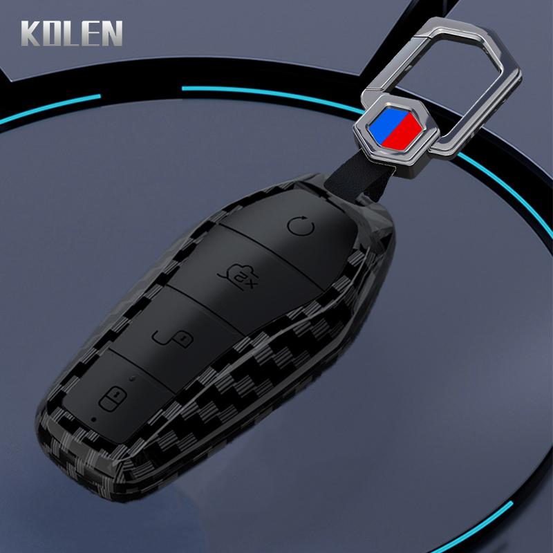 Abs Carbon Fiber Car Key Case Cover Shell For Byd Qin Plusdmi Atto 3 Han Ev Dolphin Durable 4 Buttons Protected Keychain Fob Bag
