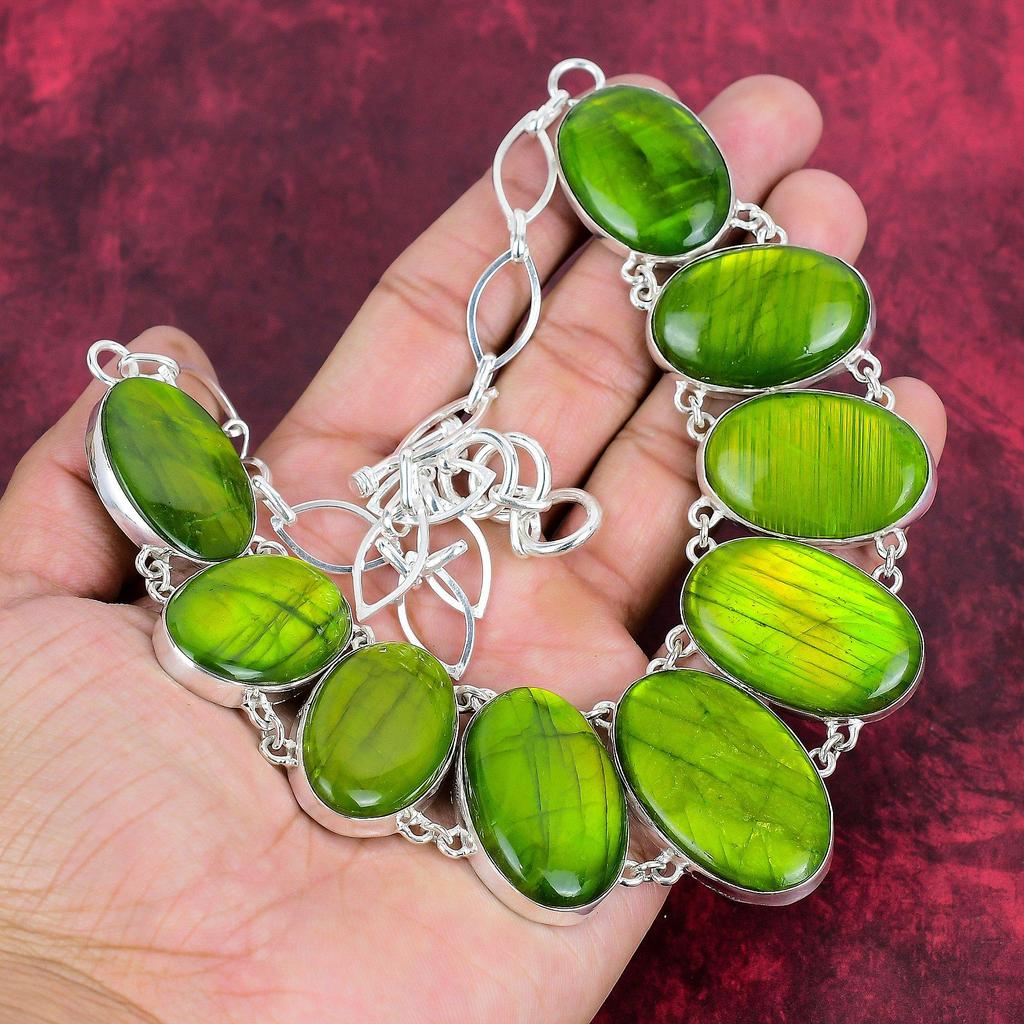 Zielony błysk labradoryt ręcznie robiony naszyjnik z kamieni szlachetnych, 925 solidny naszyjnik ze srebra próby 925 antyczna biżuteria, regulowany naszyjnik z łańcuszkiem prezent zaręczynowy