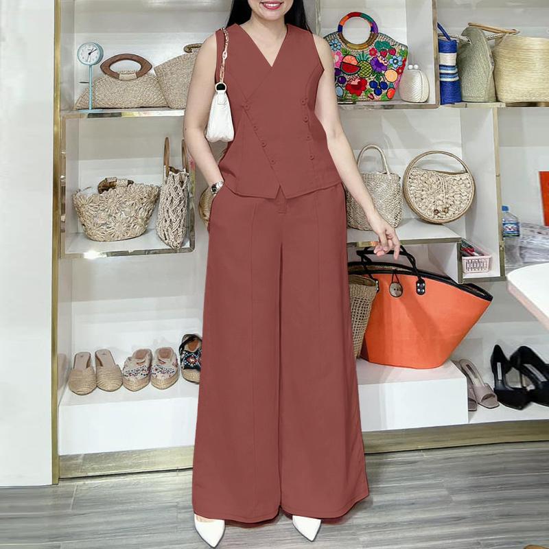 ZANZEA Women Sleeveless Vest Tops and Pants Summer Two Piece Suit Sets