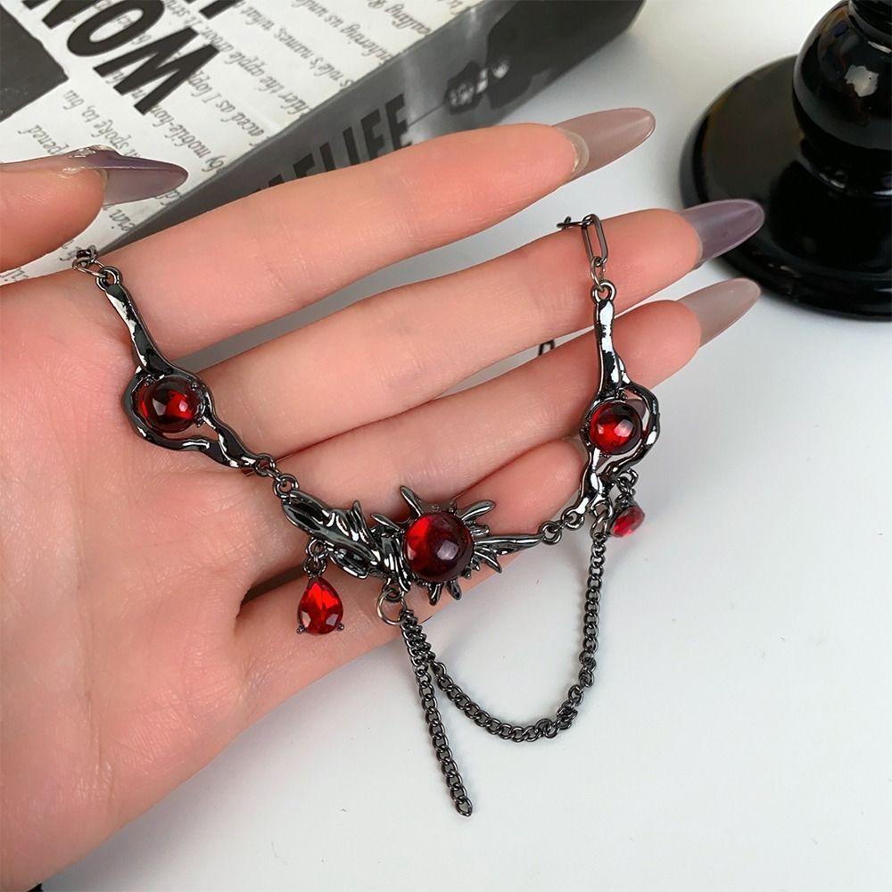Dark Gothic Tassel Chain Choker Punk Collarbone Neck Chain Red Zircon Pendant Necklace  for Women