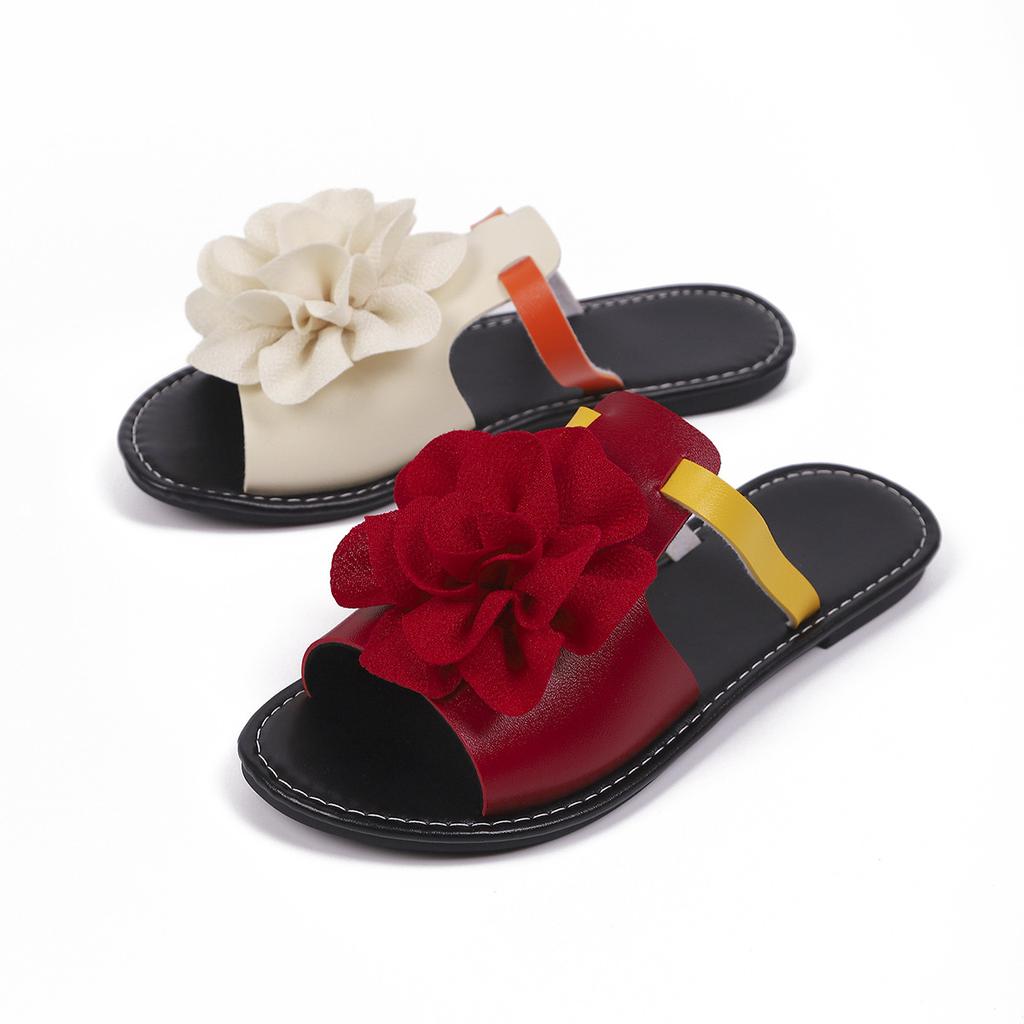 Large-size Lady's Floral Sandals, Summer New Style Double-color Flat Beach Slippers with Flowers