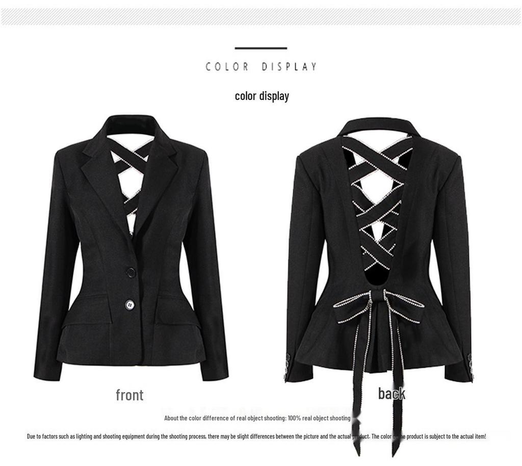 Women's Rhinestone Bow Jacket with Back Cross and Hollow-Out Design - Spring Collection 2025 Slim Fit Waist-Cinching Blazer