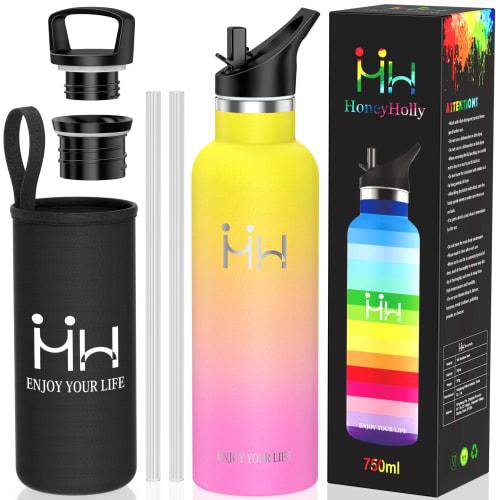 

Kkapping Insulated Water Bottle with Straw, 750ml, Stainless Steel Sports Bottle, Includes Two Lids, Tea Strainer, and Cover, Vacuum Insulated, BPA-Fr