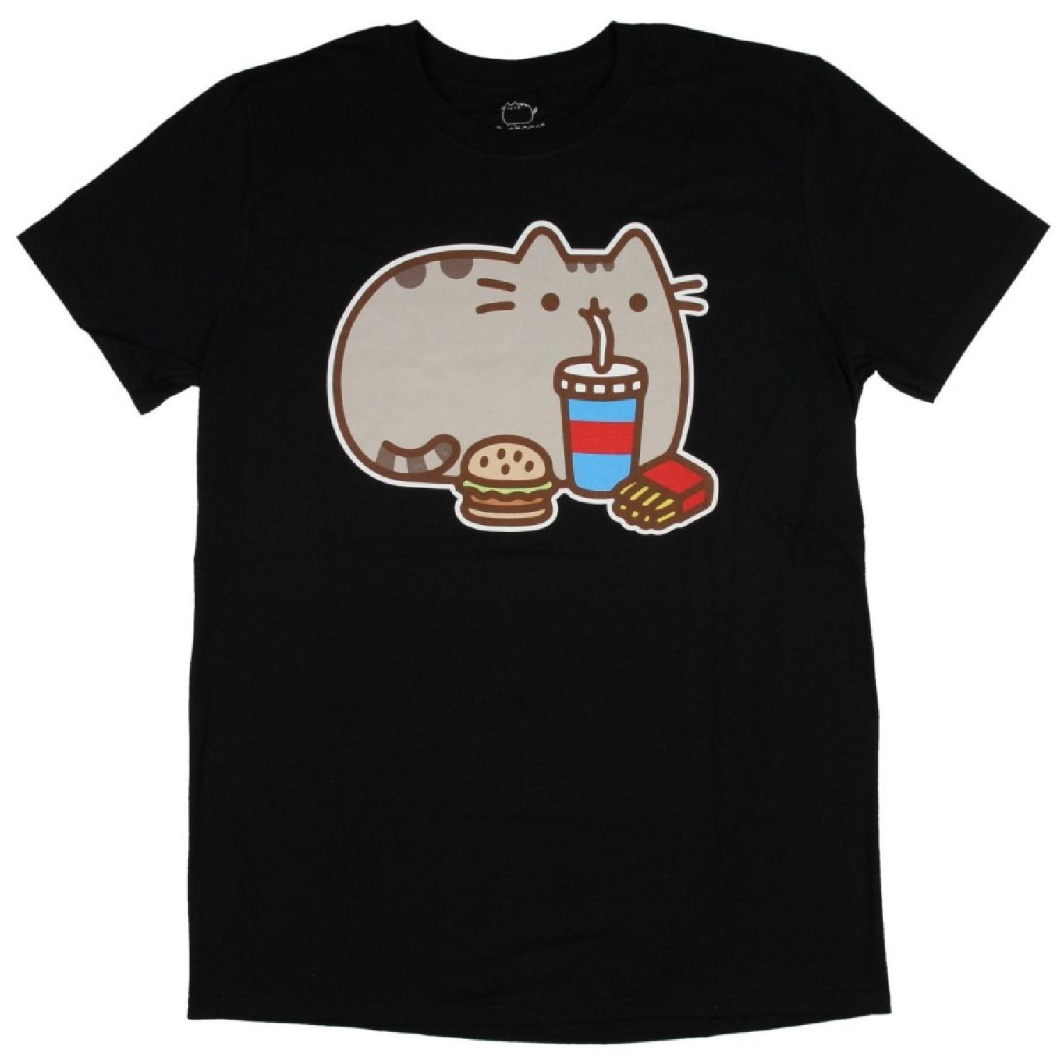 Взрослая футболка с кошкой Пушин и фастфудом (XX-Large) черный S