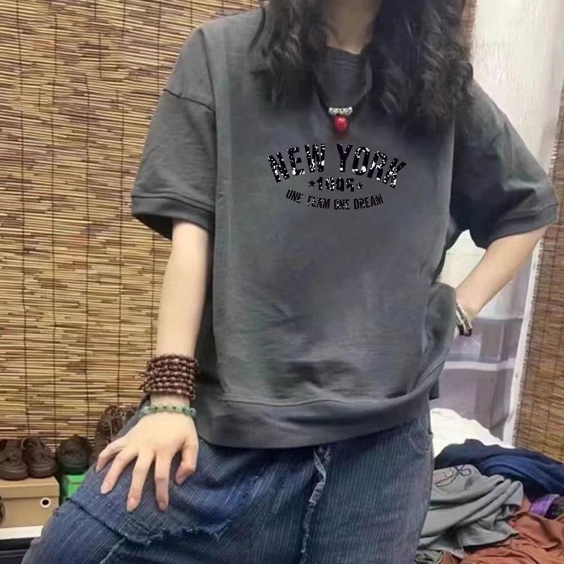 

Женская повседневная футболка с коротким рукавом из 100% хлопка - Новый свободный крой, рукав до локтя, большой размер, модный принт 3XL (160-180 jin) темно-серого