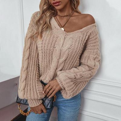 Vintage Lockerer V-Ausschnitt Langarm Einfarbig Strickwaren Pullover Oberteil Herbst Winter