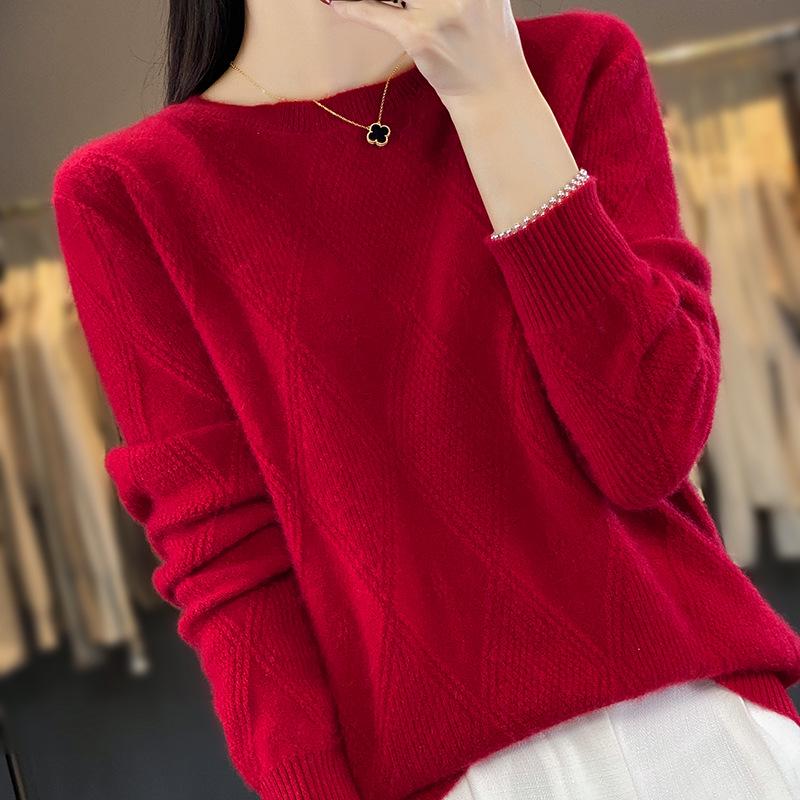 Maglione da donna in lana Autunno/Inverno - Pullover a girocollo lavorazione jacquard a rombi