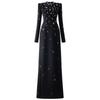 Elegant Heavy Beaded Long-Sleeve Diamond Long Dress
