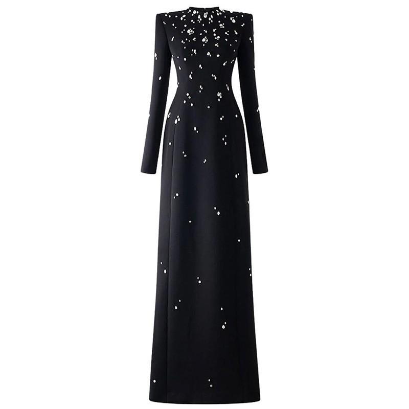 Elegant Heavy Beaded Long-Sleeve Diamond Long Dress
