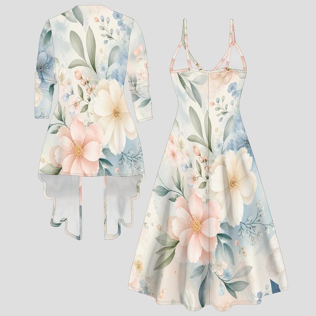 Women Plus Size Two Piece Ensemble Long Sleeve Cardigan Cami Maxi Dress