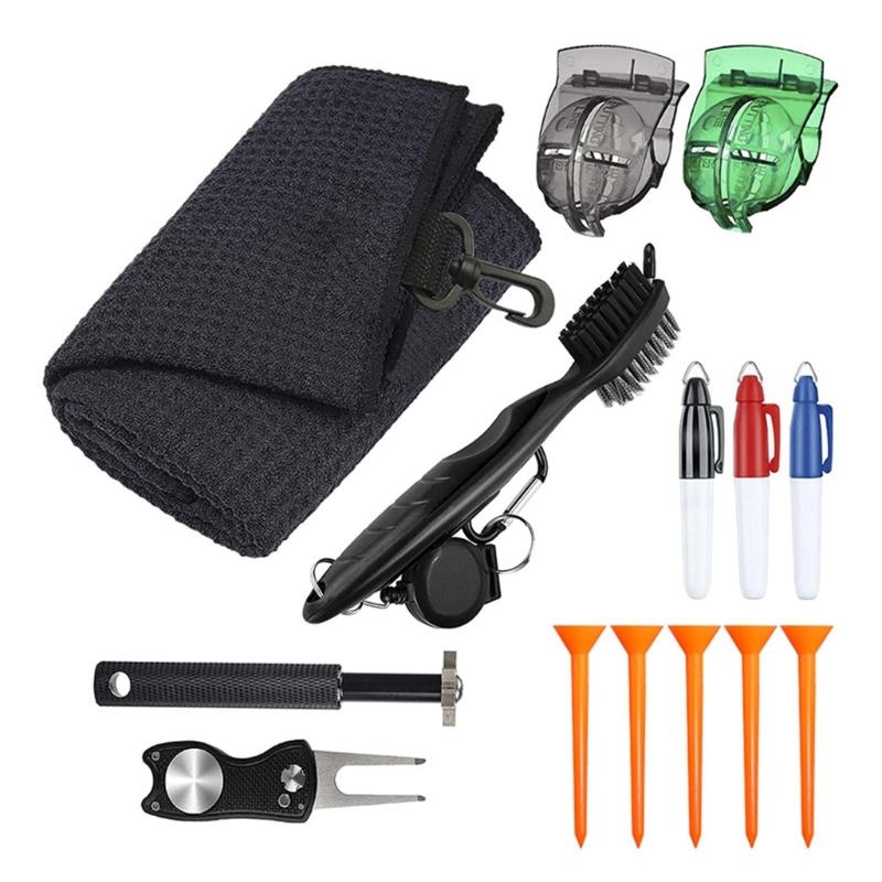 Multi-in-1 Golf Club Cleaning Set Microfiber Towel Brush Divot Tool Line Marker and Pitch Repair Tool for Men Women