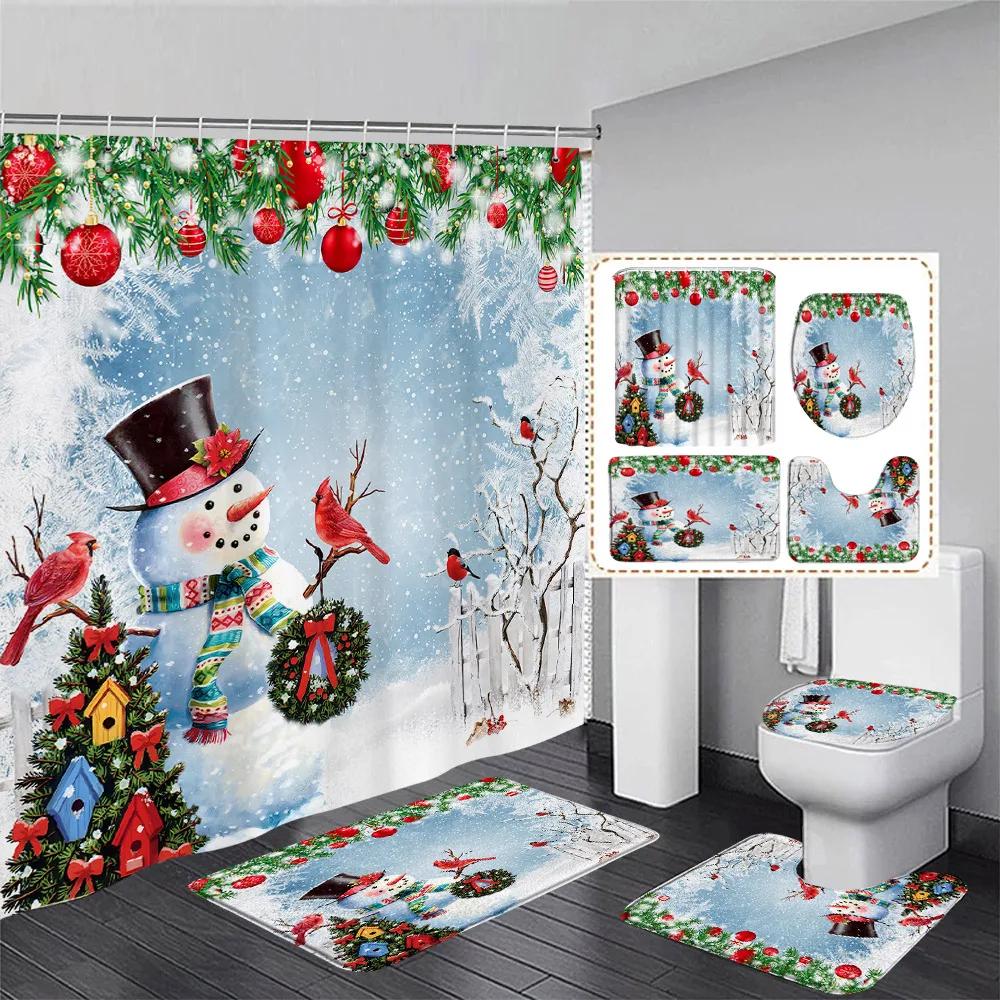 Red Christmas Shower Curtain Set Funny Santa Claus Gift Green Pine Branches Xmas Balls Home Bathroom Decor Bath Mat Toilet Cover