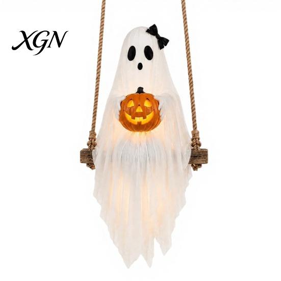 Halloween Party Supplies Lighted Ghost Swing with Glowing Pumpkin, Hanging Spooky Decor Realistic Scary Home Accents for Porch Yard, LED Floating