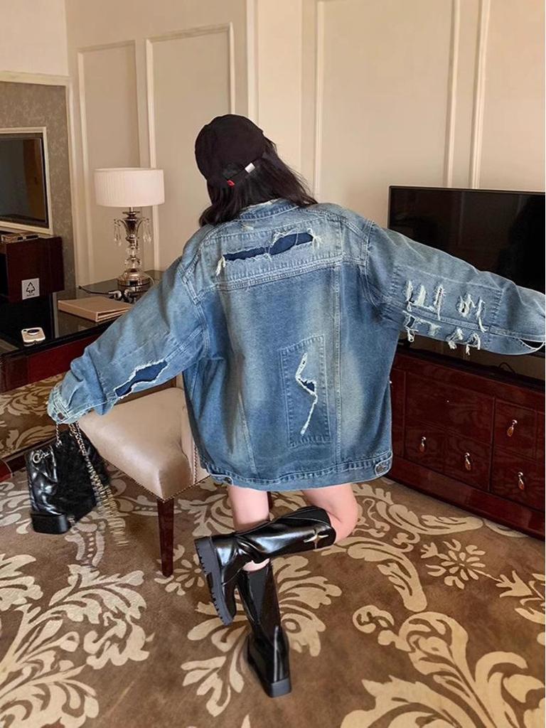 Women's Retro Ripped Denim Jacket for Spring/Autumn 2024 - Loose, Versatile Cardigan Top