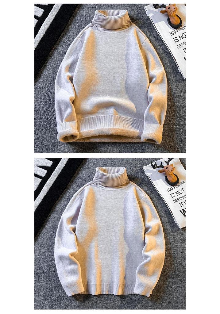 Men's Trendy High Neck Plus Velvet Sweater: Autumn/Winter Solid Color Knit Pullover