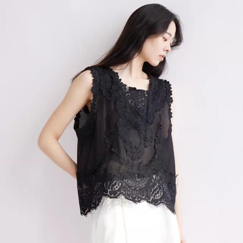 DIMANAF 2026 Weste T-Shirt Damen Spitze Rundhalsausschnitt Ausgeschnitten Sommerstil Basic Tops Neue T-Shirts Lockere Weste