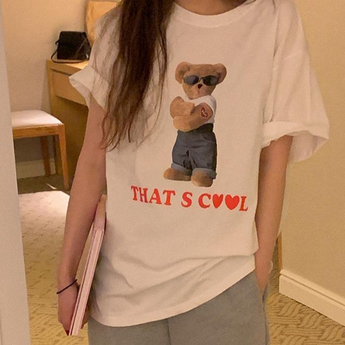 New summer small short-sleeved T-shirt female bear print loose BF style top female student