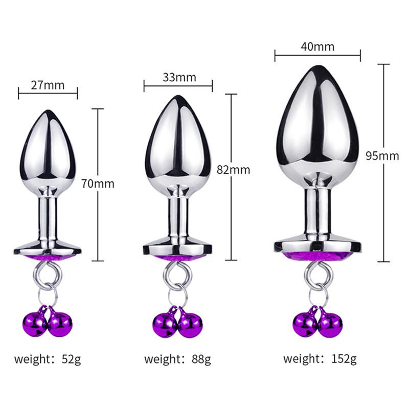 Crystal Heart Buttplug Stainless Steel Leash Chain Anal Plug Bells Pendant Prostate Massager SM Erotic Sex Toys For Women Men