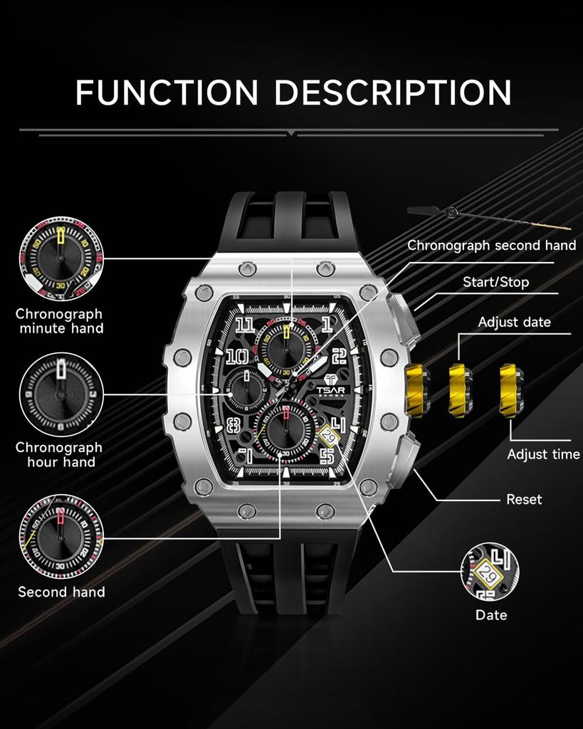 TSAR BOMBA Skeleton Mechanical Automatic Watch with Ceramic Japanese Tonneau Silicone 50M Water Luminous Luxury Watch for and Casual Wear Men's