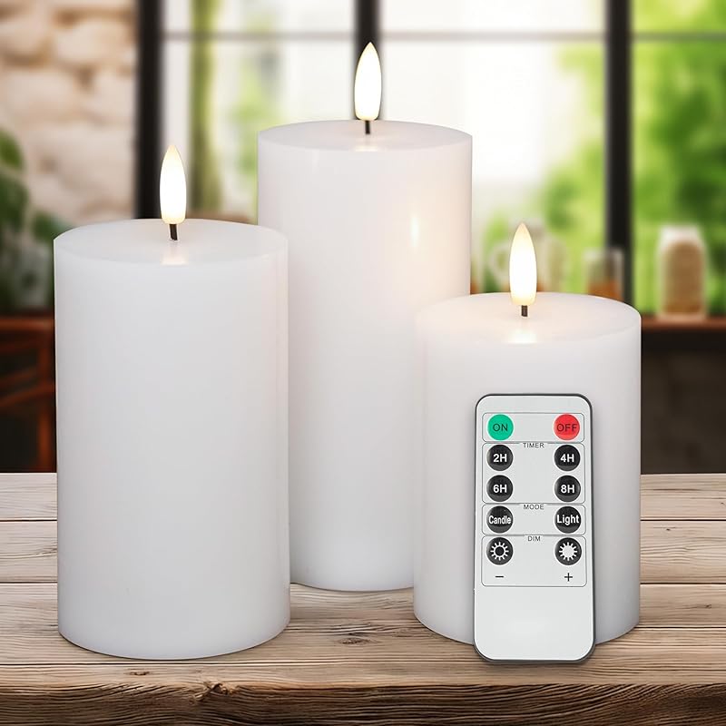 White Flameless Pillar Candles, Battery Operated Wax Candles with Remote, Flat Top Flickering Flameless Candles, LED Candles for Home, Wedding, Party