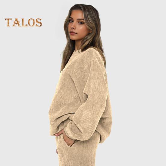 2 Pcs/Set Women Top Pants Set Long Sleeve Elastic Cuff Sweatshirt Pure Color Stretchy High Waist Ankle-banded Trousers Sport Fitness Tracksuit